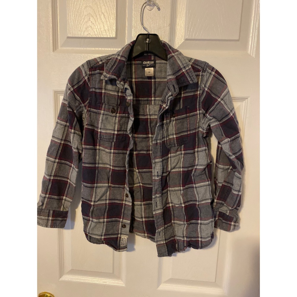OshKosh Bgosh Boys Grey Navy Red Plaid Flannel Button Down Shirt Size 10